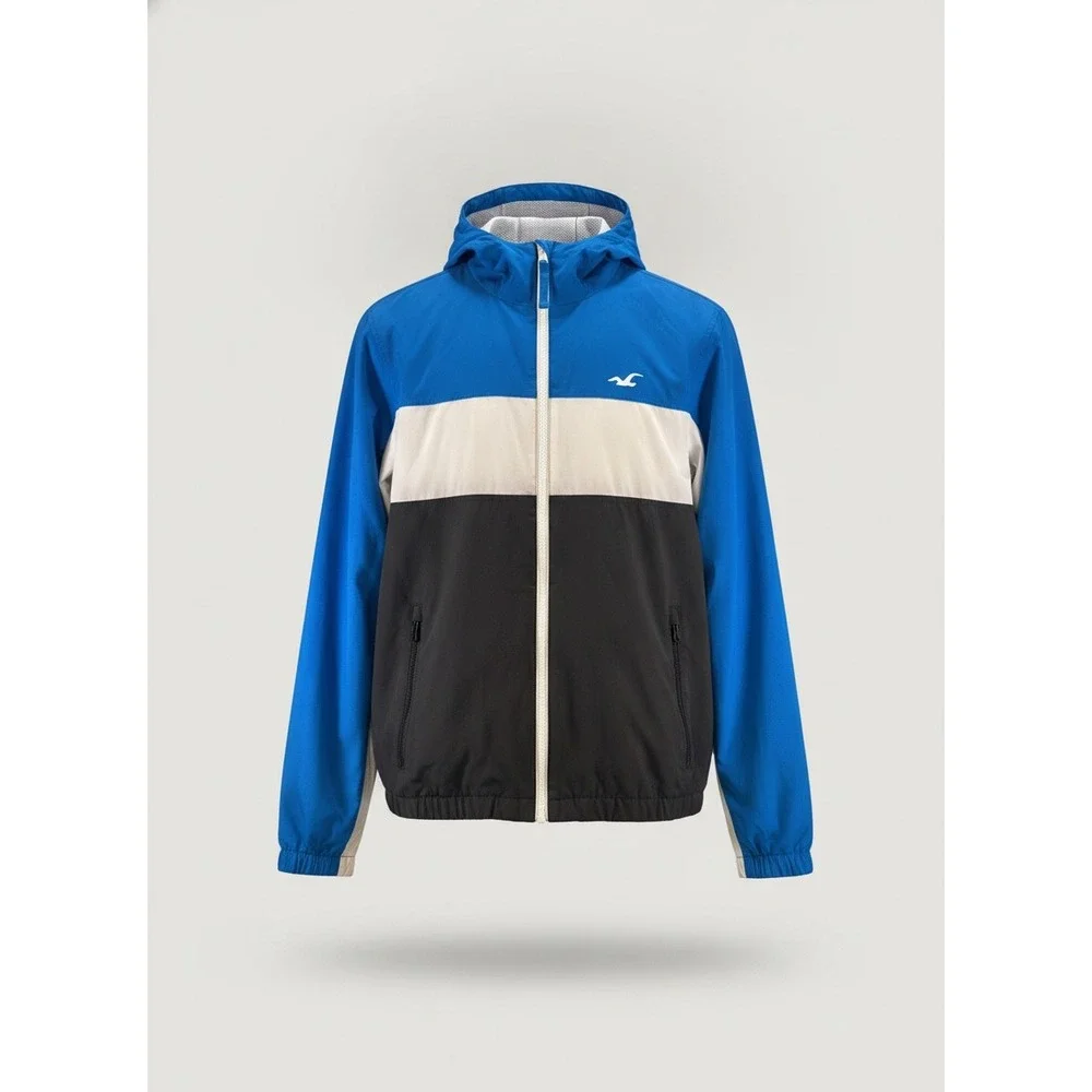 Hollister Mens Epic Flex Colorblock Windbreaker Jacket Blue White Black Small